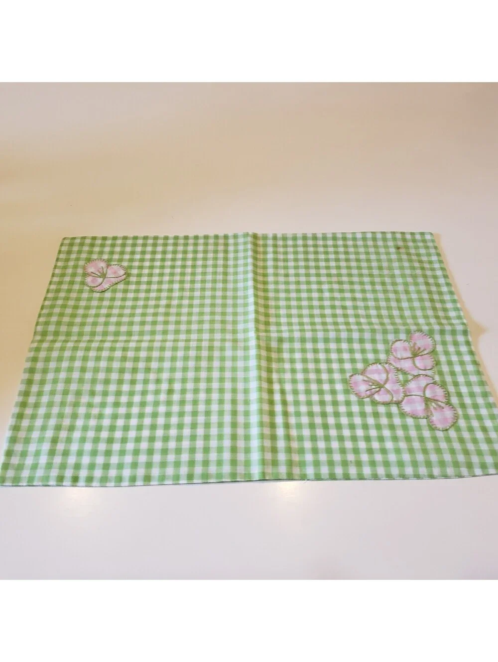 Vintage Cotton Gingham Napkin Placemat Set Green Pink Applique Hand Made Retro